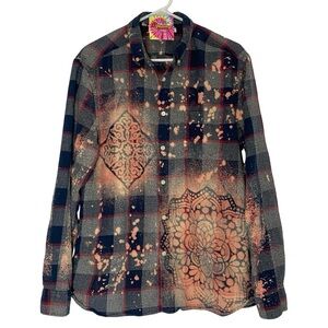Handmade Floral Flannel Shirt Mens Size Large Unisex Bleached Plaid Button Down